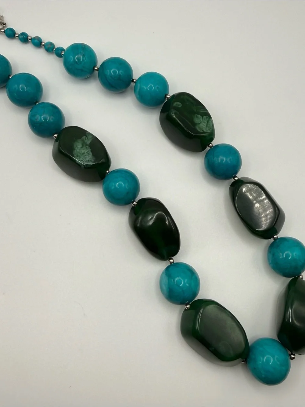 Chunky Turquoise Blue & Dark Green Statement Necklace 24” Oversized Beads